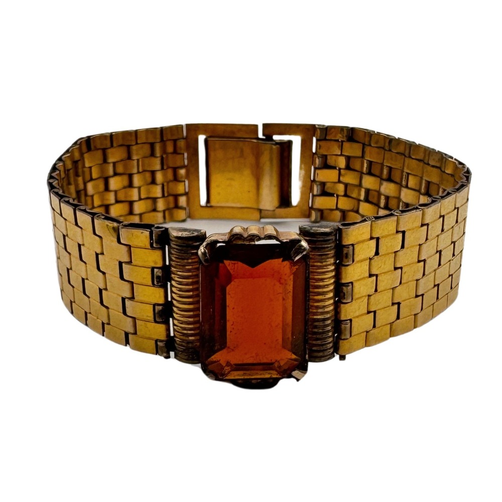 Vintage Tank Tread Bracelet Gold Tone Orange Emerald Cut Watch Band 7"